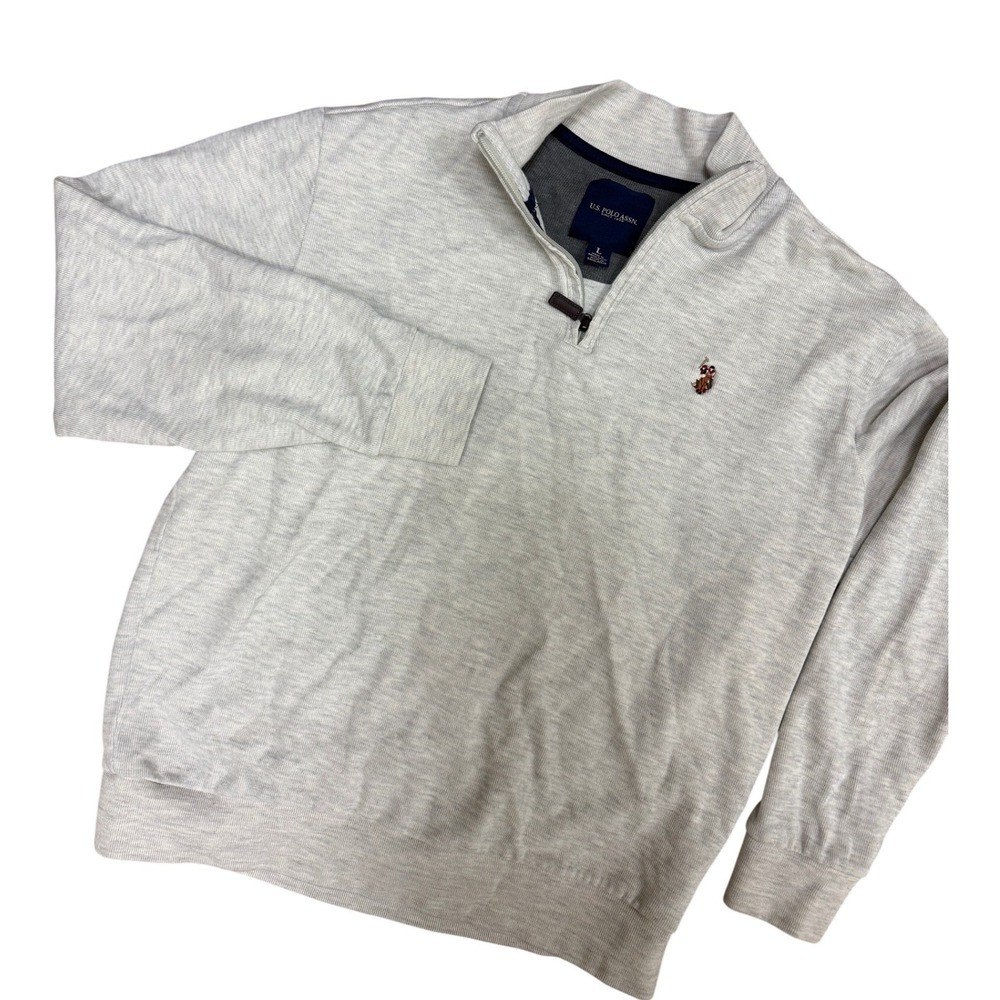 US Polo Assn Mens Quarter Zip Pullover Sweater Grey Heather Large Logo Mock Neck